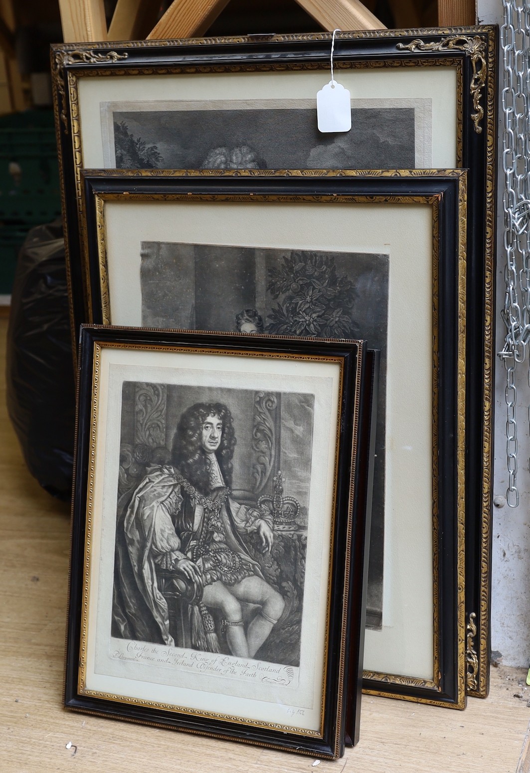 Two 18th century engravings of the Duke of Marlborough, after vander Werf, 63.5 cm x 42cm, and The Lord Aubrey Beauclerk engraved by G. Vertue, a lithograph of Charles II and a photogravure of Diana Duchess of St Albans